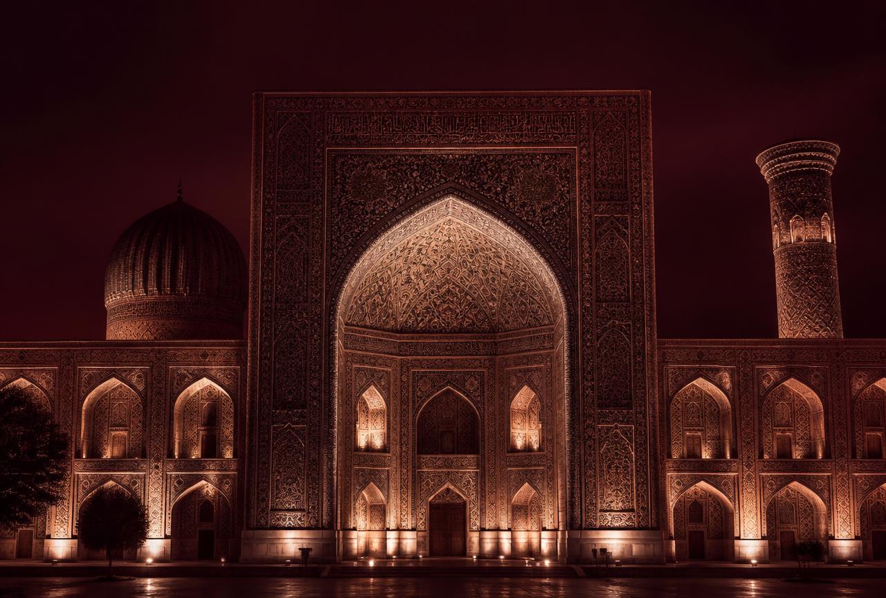 Silk Road architecture at night